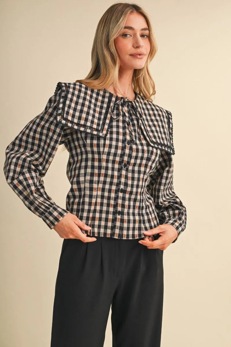 Black White Brown Lace Gingham Blouse