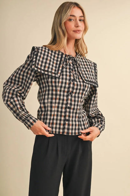 Black White Brown Lace Gingham Blouse