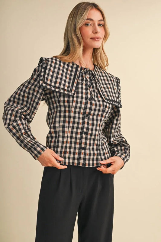 Black White Brown Lace Gingham Blouse