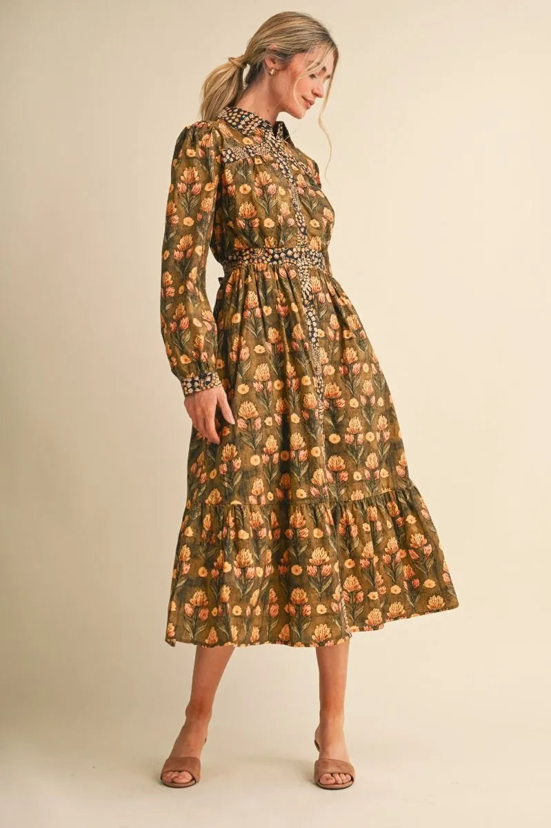 Olive Brown Floral Print Midi Dress
