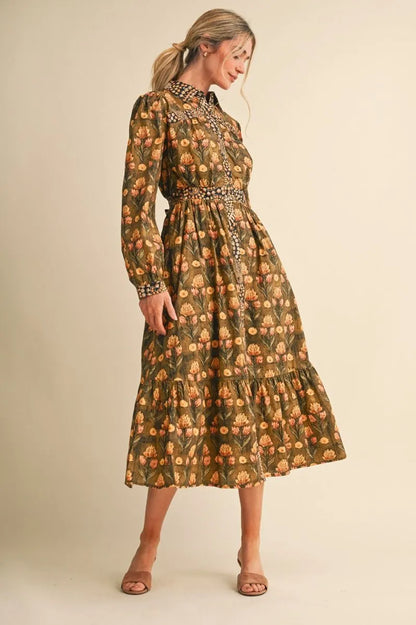 Olive Brown Floral Print Midi Dress