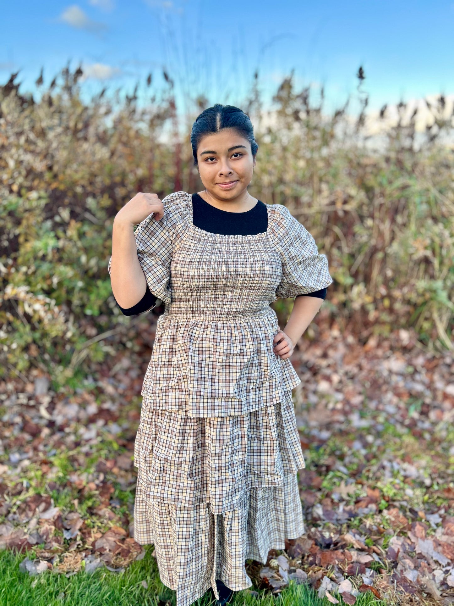 Plus Crinkled Plaid Smocked Top Midi Dress