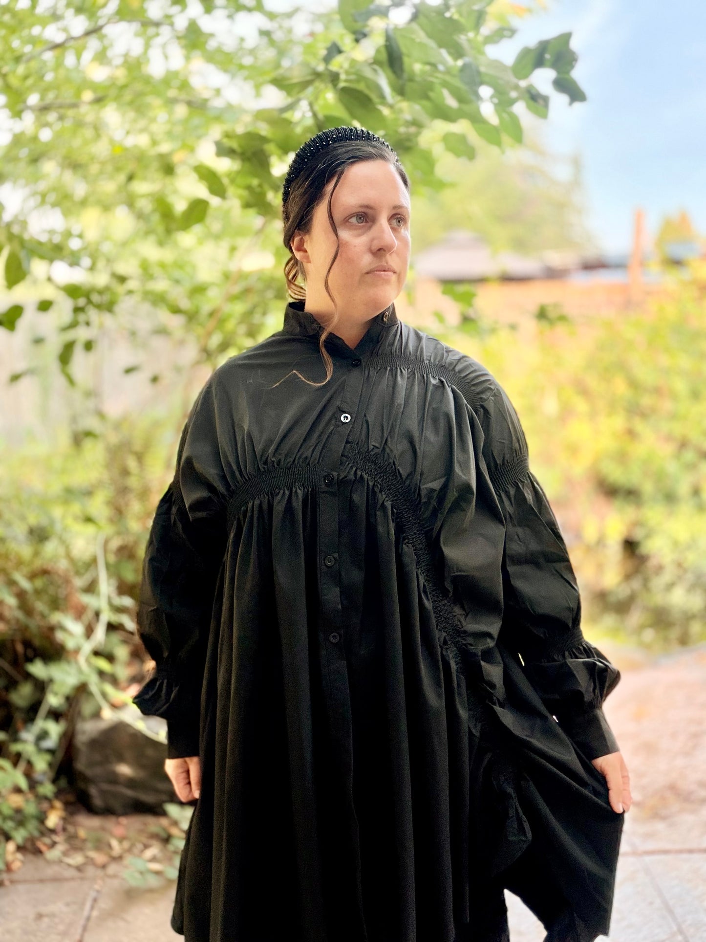 Black Relaxed Ruched Gathered Shirt Dress