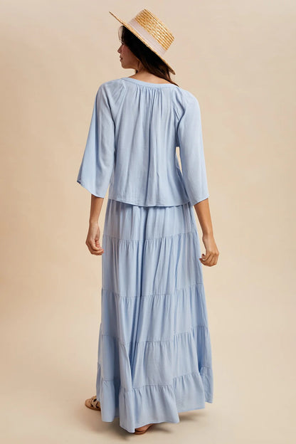 3/4 Sleeve Blouse & Maxi Skirt Set - Multiple Colors