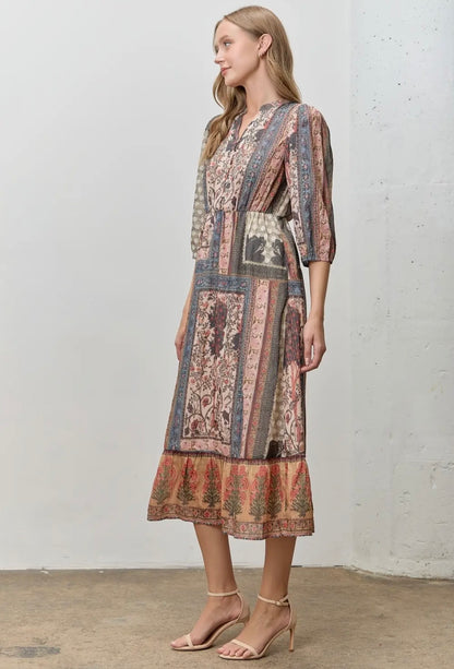 Bohemian Patchwork Print Midi Dress