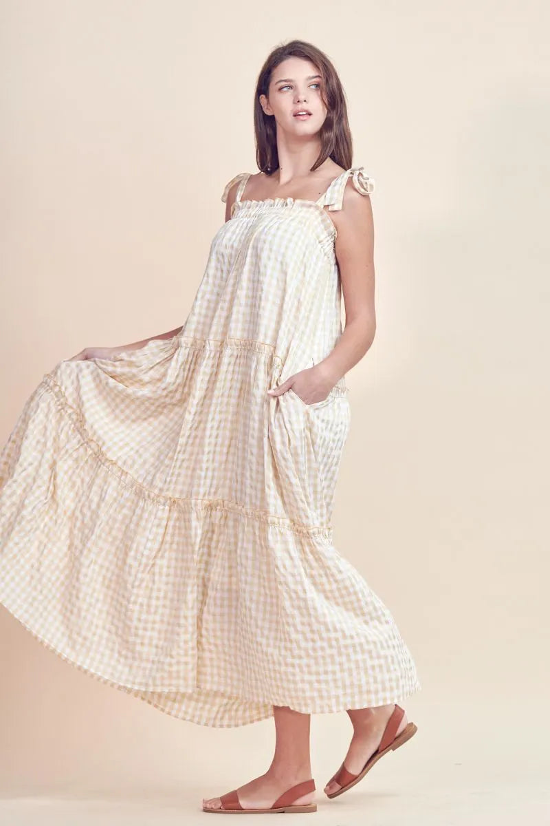 Cream Gingham Ruffle Midi Dress