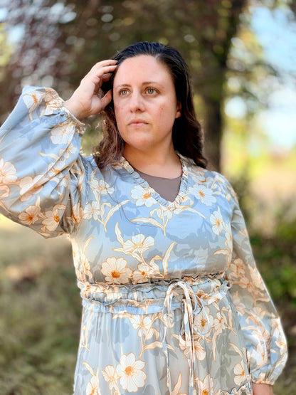 EXCLUSIVE PRINT RUFFLE TRIM FLORAL MIDI DRESS Silver Champagne