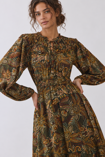 Green Tie Lace Neck Floral Paisley Print Tiered Midi Dress