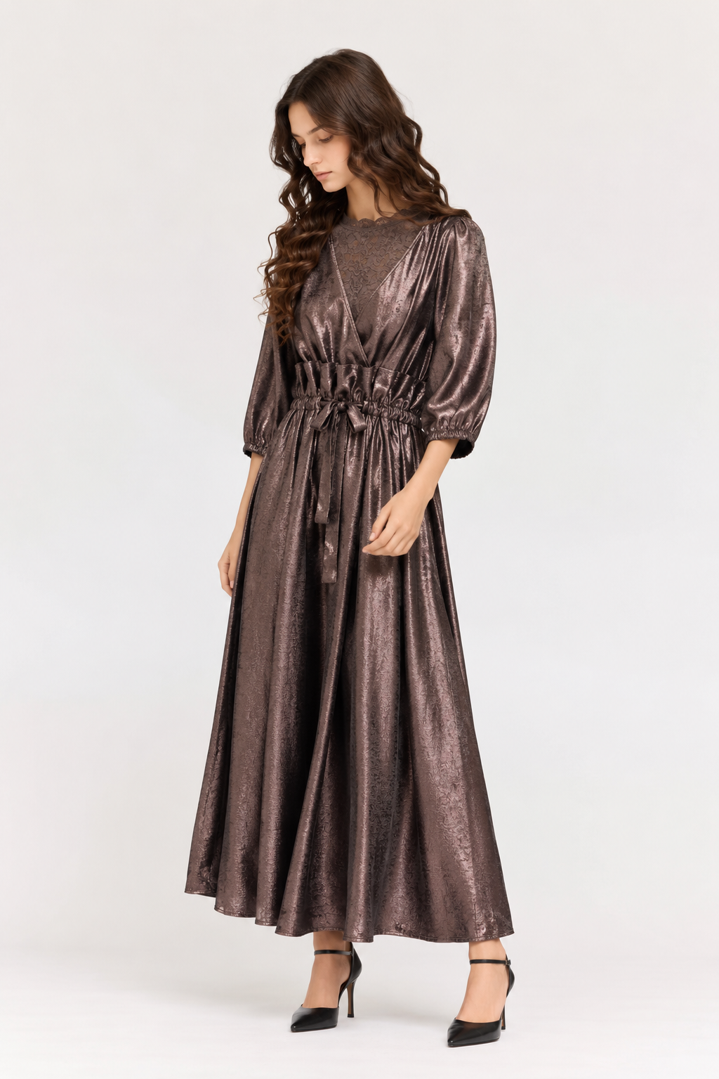 ESPRESSO BROWN TIE FRONT PLEAT WAIST SHINE DRESS