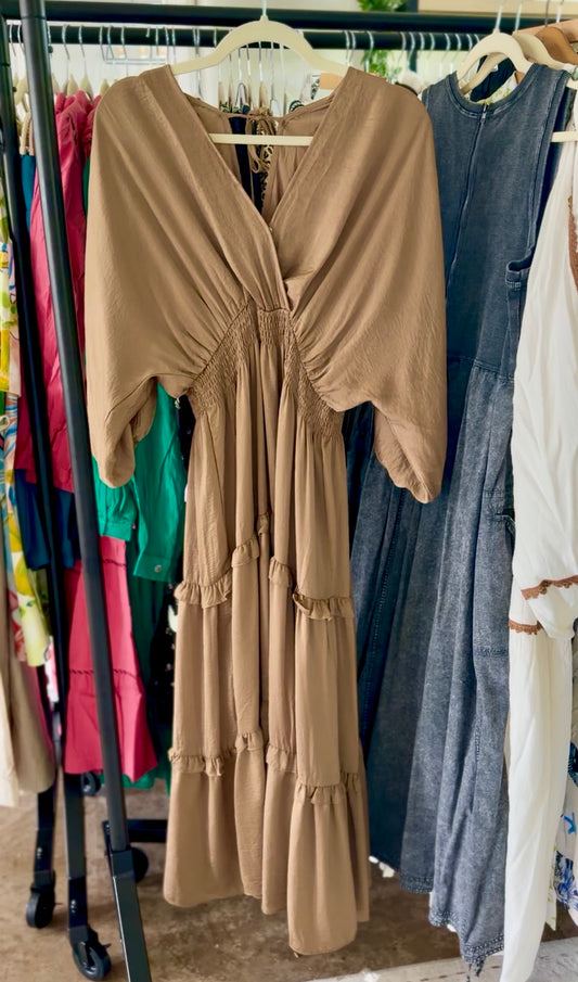Tan Ruffle Midi Dress With Tie Back
