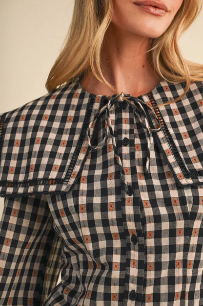 Black White Brown Lace Gingham Blouse