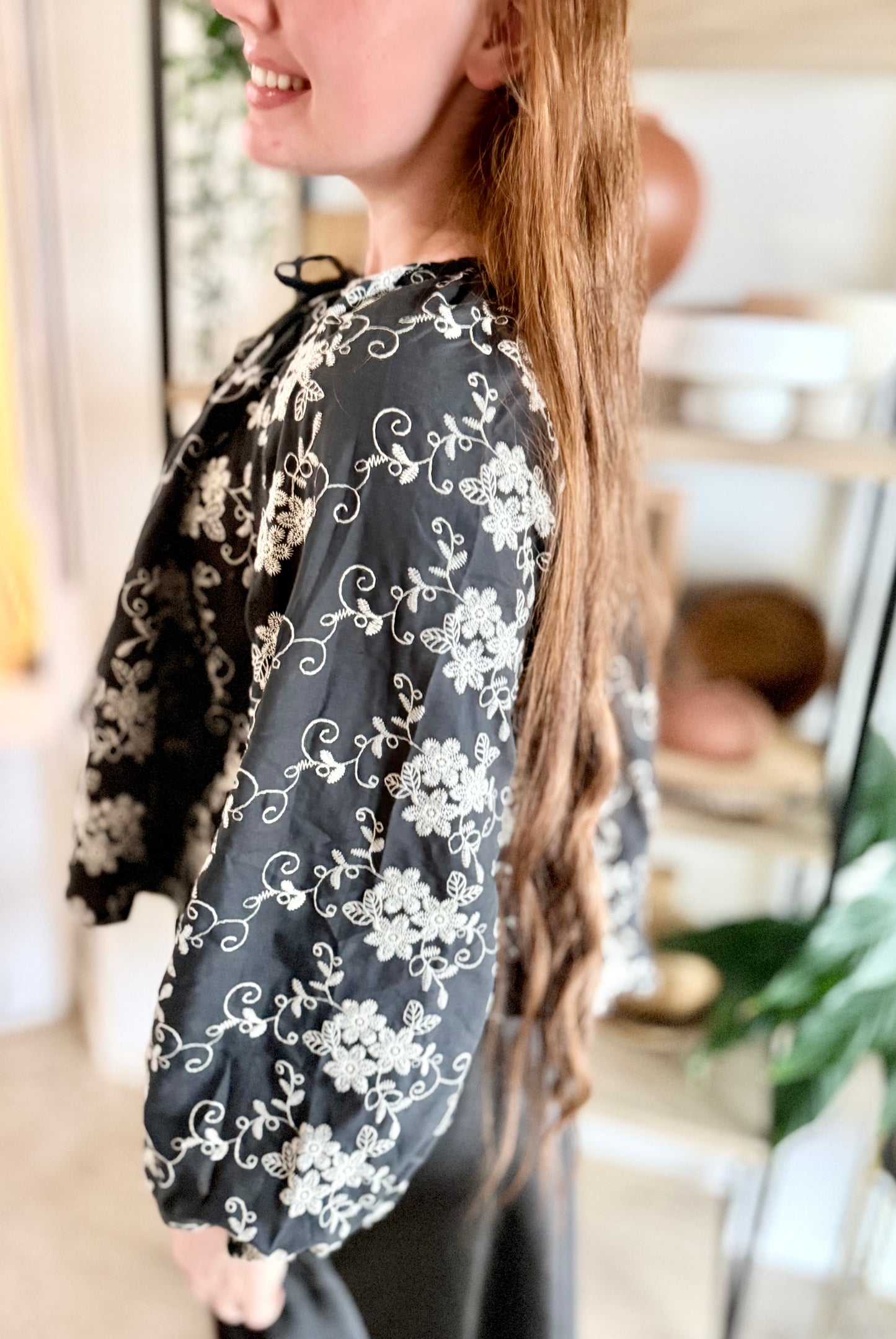 Black Embroidery Flowy Blouse