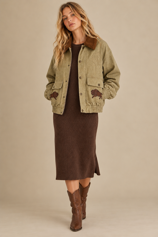 The Outlaw Bronco Sherpa-Collar Olive Green Denim Jacket
