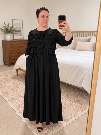 Modest 3/4 ballon sleeves 4 tier gathered ruffle dress