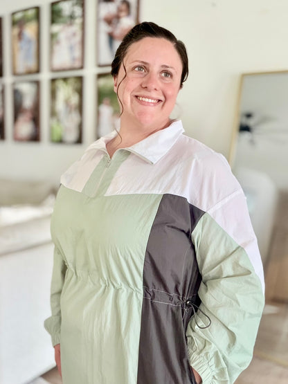 COLOR BLOCK LIGHTWEIGHT SAGE GREEN MULTI COLOR ATHLETIC WINDBREAKER ANORAK MIDI DRESS