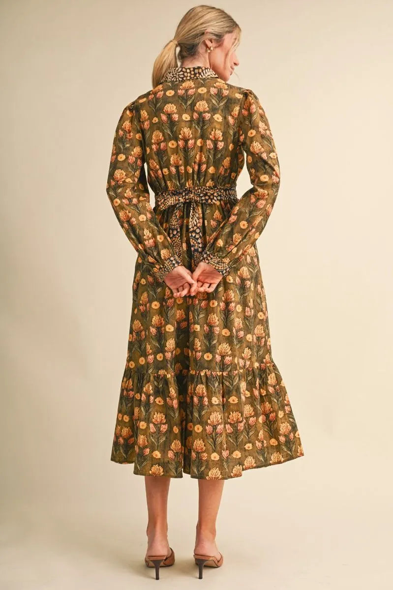 Olive Brown Floral Print Midi Dress