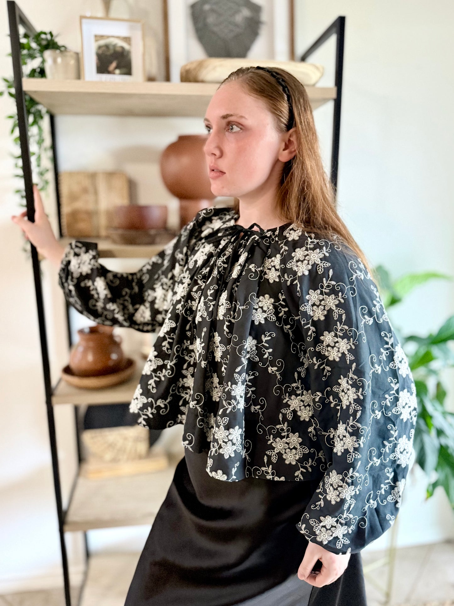 Black Embroidery Flowy Blouse