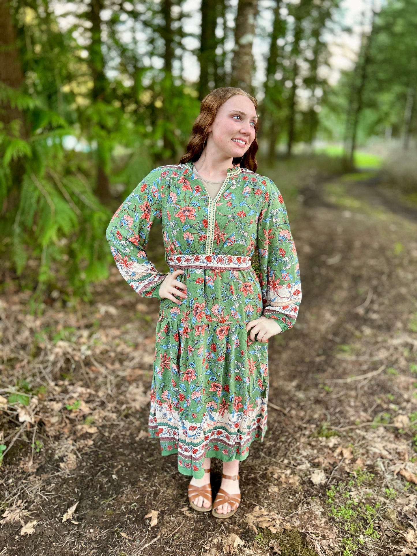 Green floral midi dress