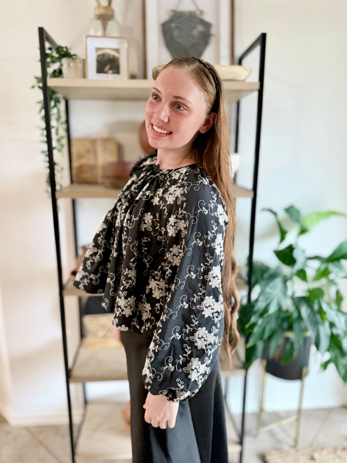 Black Embroidery Flowy Blouse