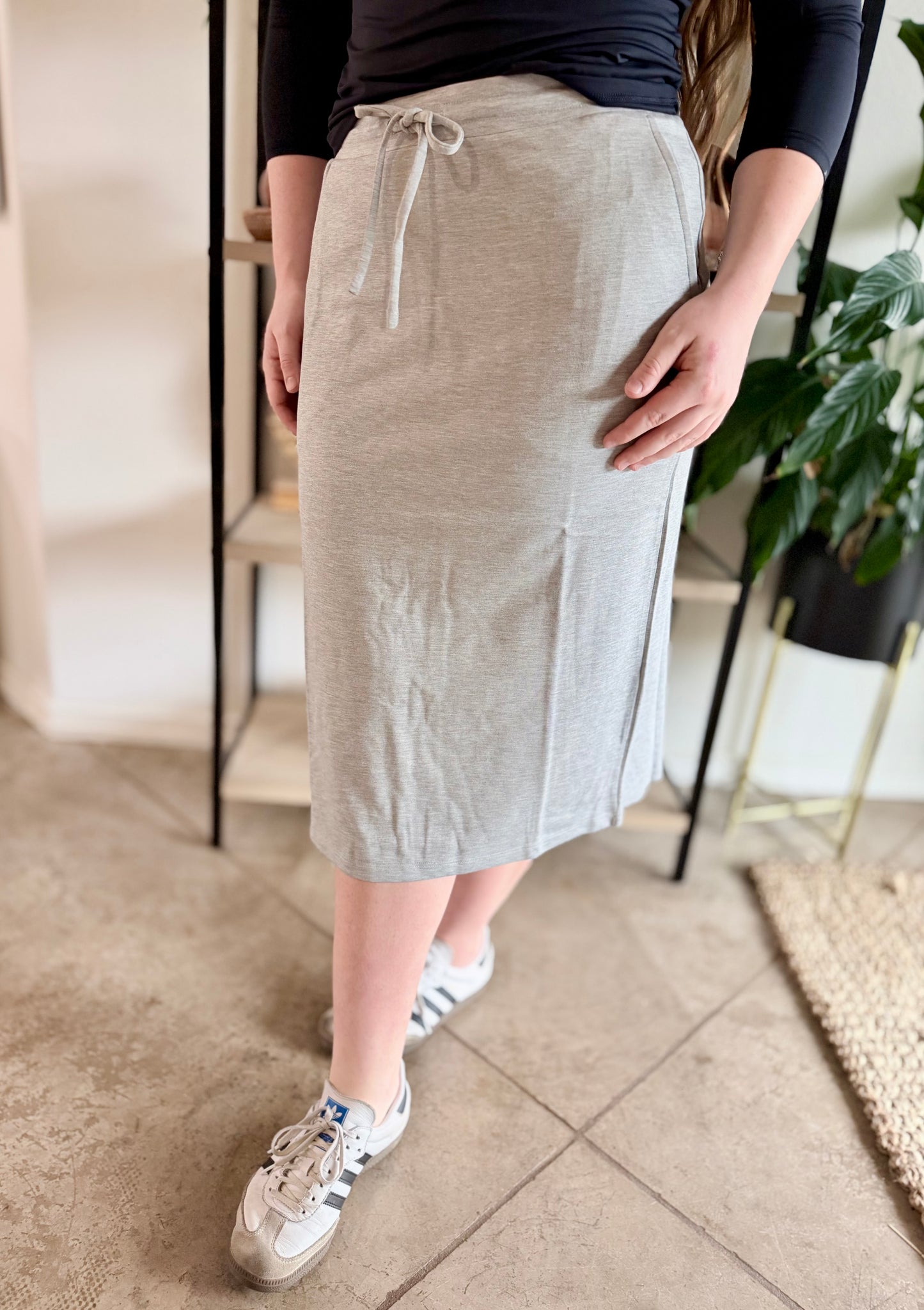 Grey Soft Knit Stretchy Midi Skirt