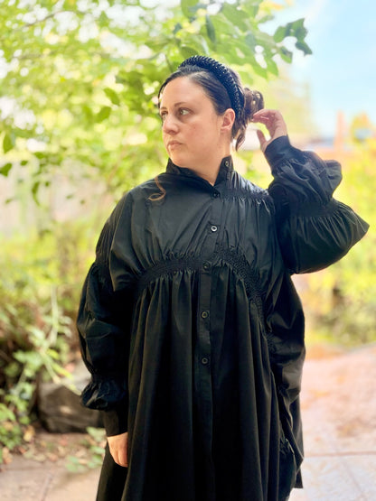 Black Relaxed Ruched Gathered Shirt Dress