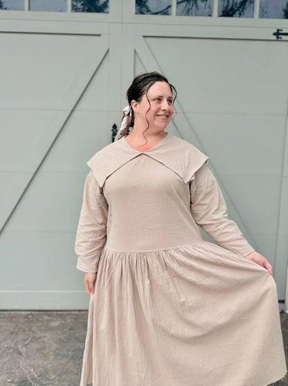Peter Pan Collared Long Sleeve Midi Dress Oatmeal