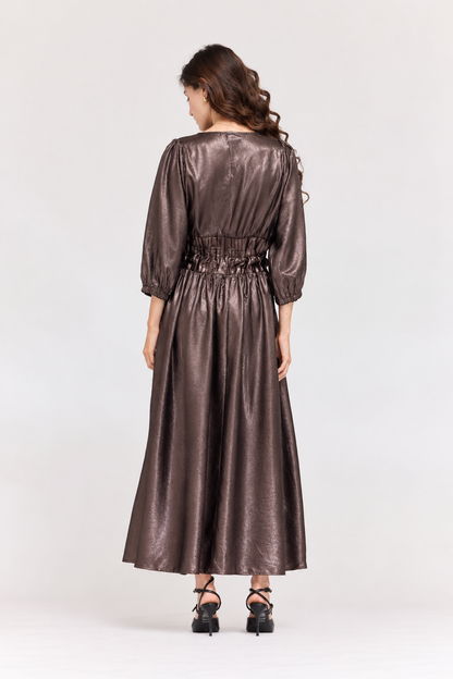 ESPRESSO BROWN TIE FRONT PLEAT WAIST SHINE DRESS