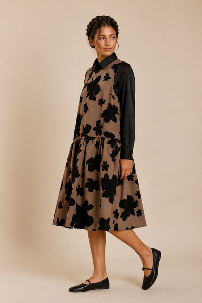 DROP WAIST JACQUARD MIDI DRESS