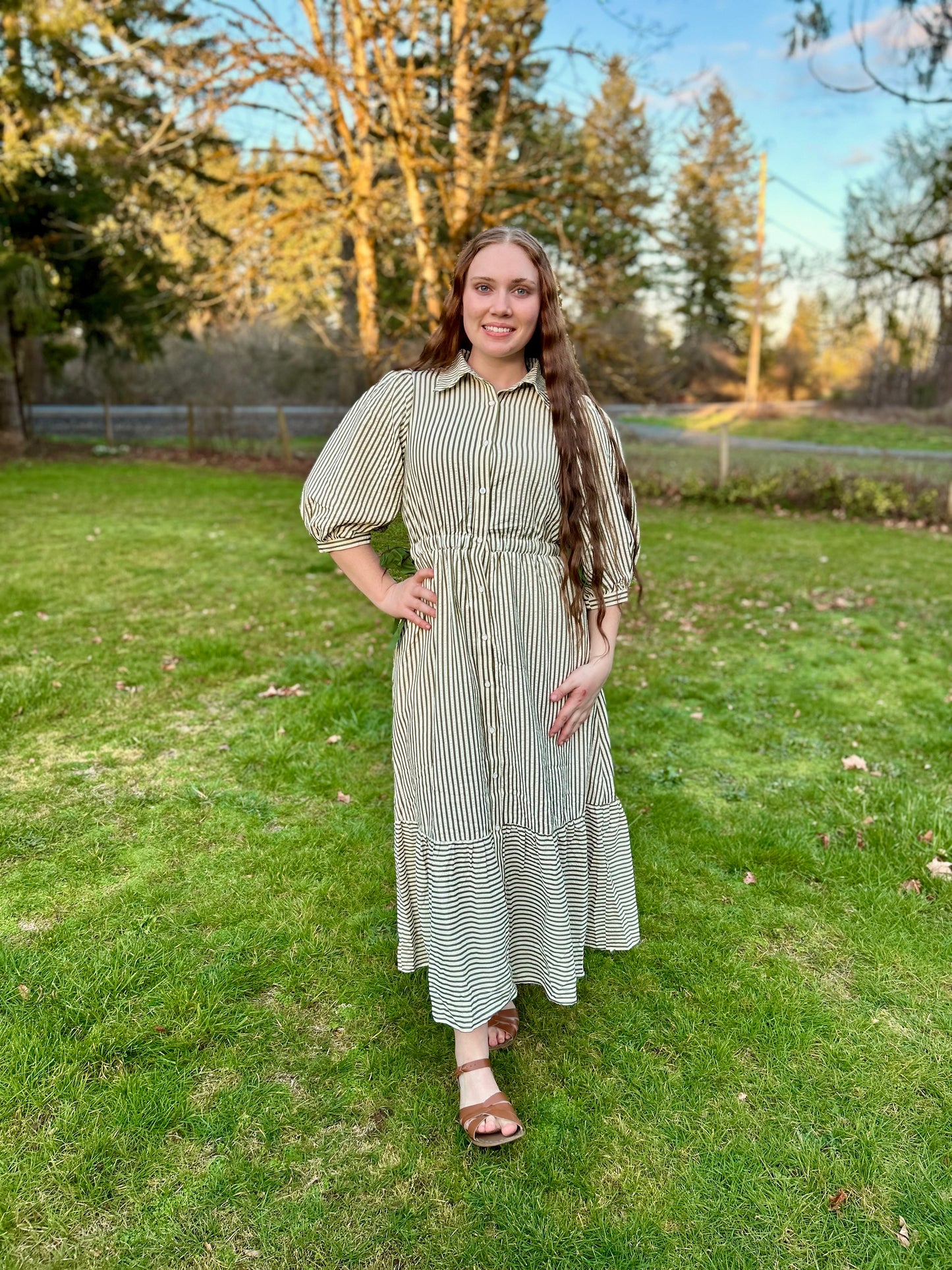 STRIPED CONTRAST SIDE RIBBON MIDI DRESS