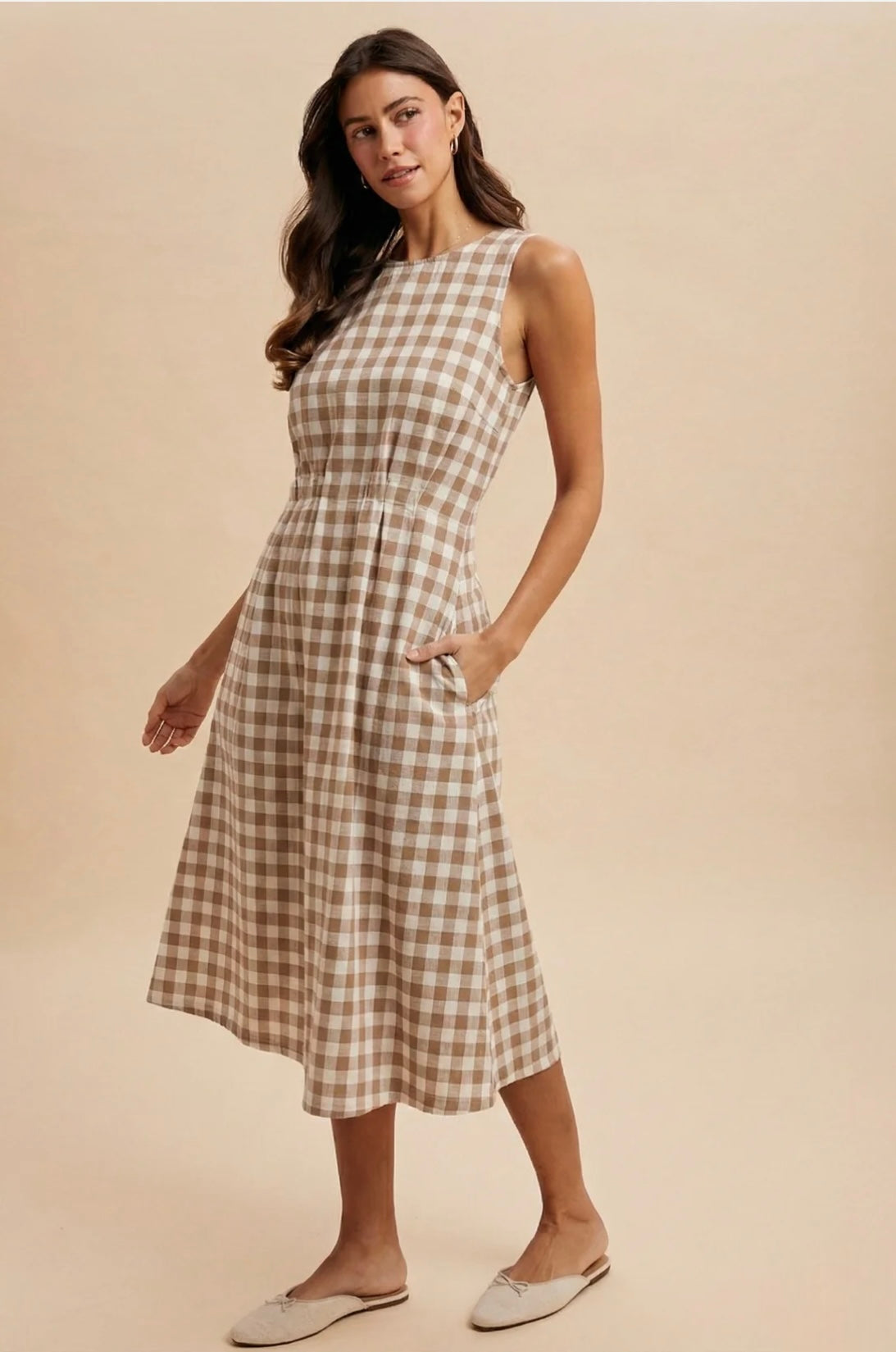 Taupe Gingham Midi Dress