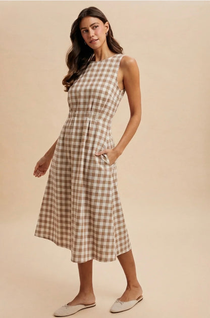 Taupe Gingham Midi Dress