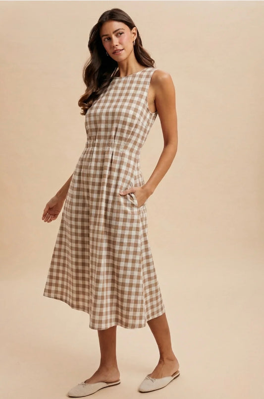 Taupe Gingham Midi Dress