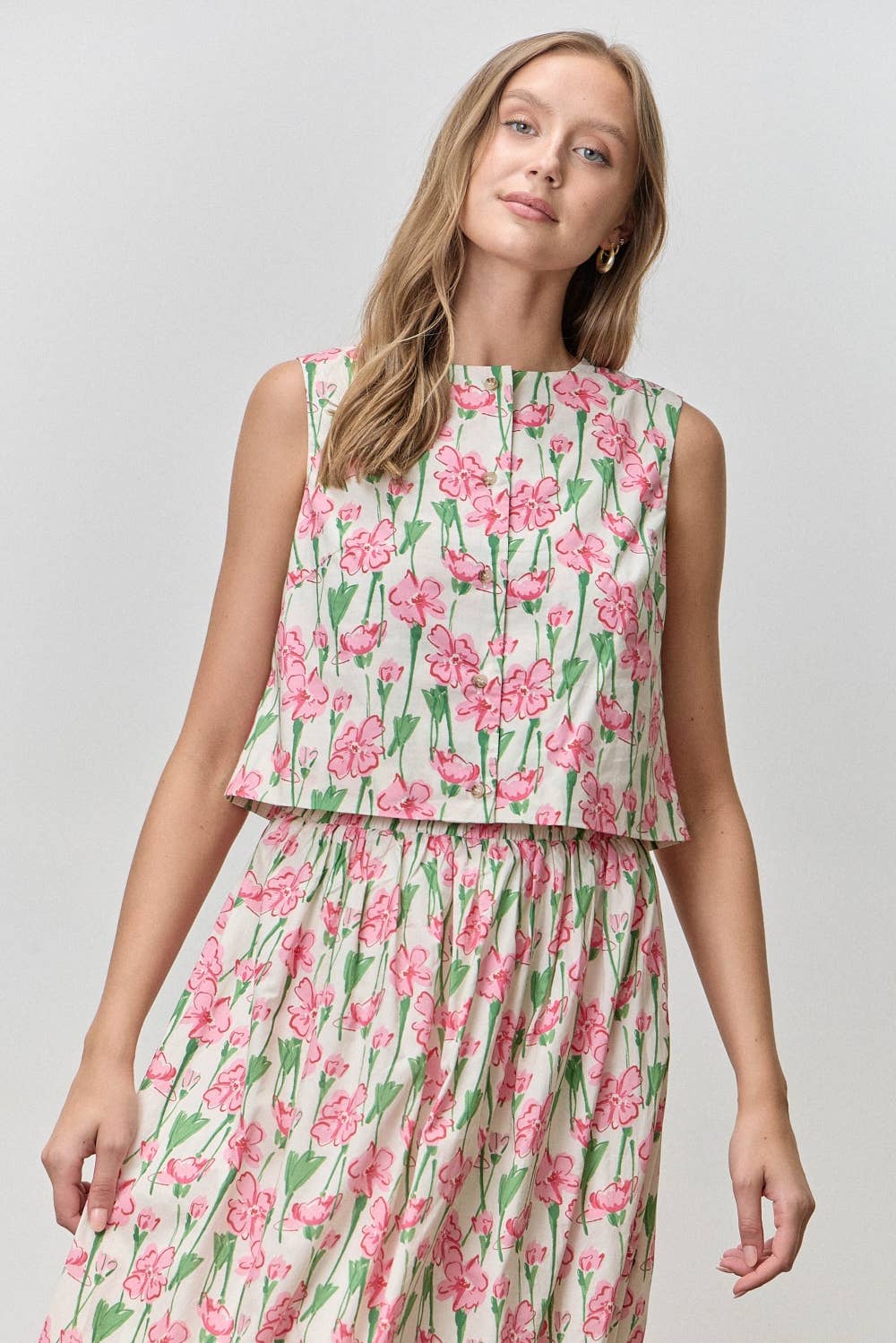 Ditsy Floral High-Waisted A-Line Midi Skirt Top Pink