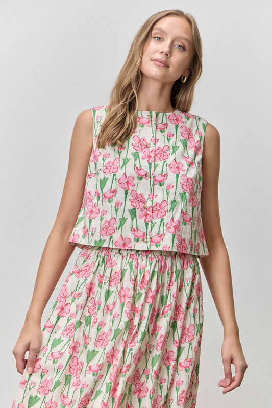 Ditsy Floral High-Waisted A-Line Midi Skirt Top Pink