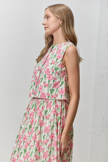 Ditsy Floral High-Waisted A-Line Midi Skirt Top Pink