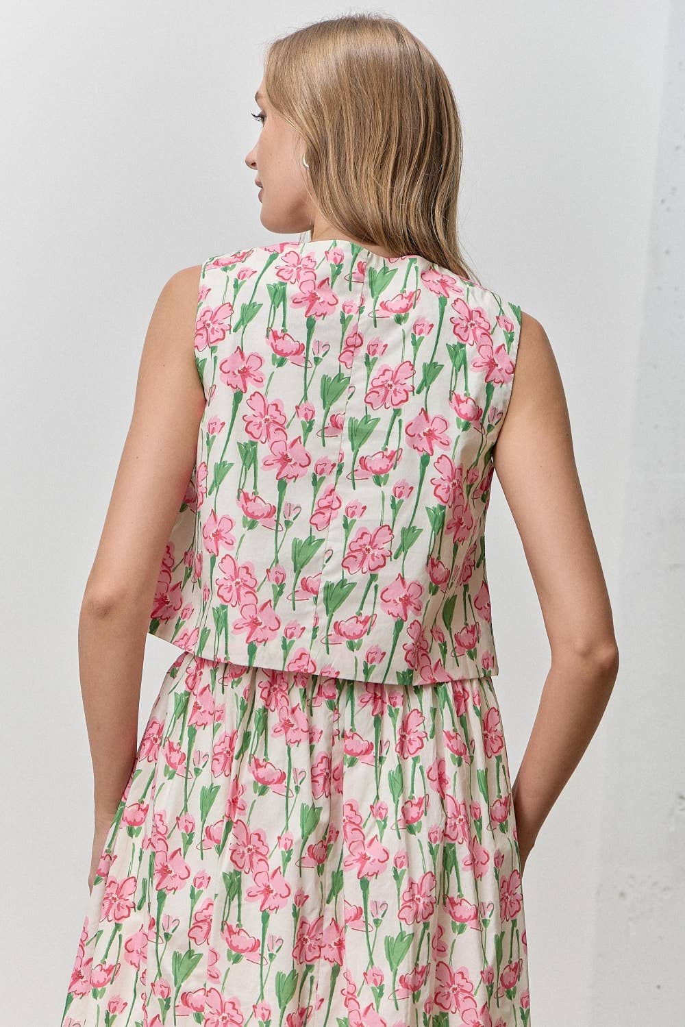 Ditsy Floral High-Waisted A-Line Midi Skirt Top Pink