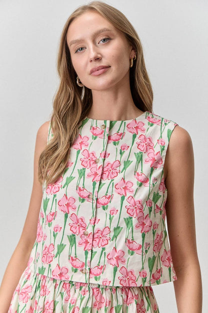 Ditsy Floral High-Waisted A-Line Midi Skirt Top Pink