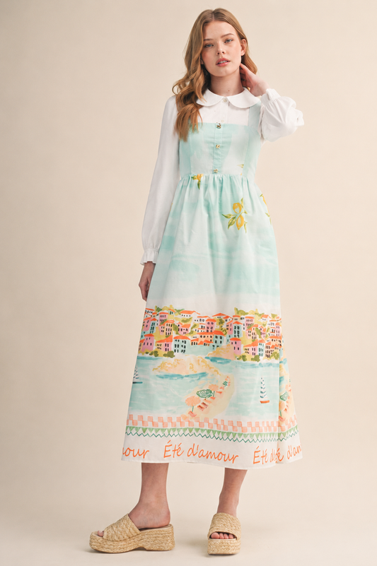 LETS GETAWAY LANDSCAPE PRINT BOW TYING MIDI DRESS BLUE
