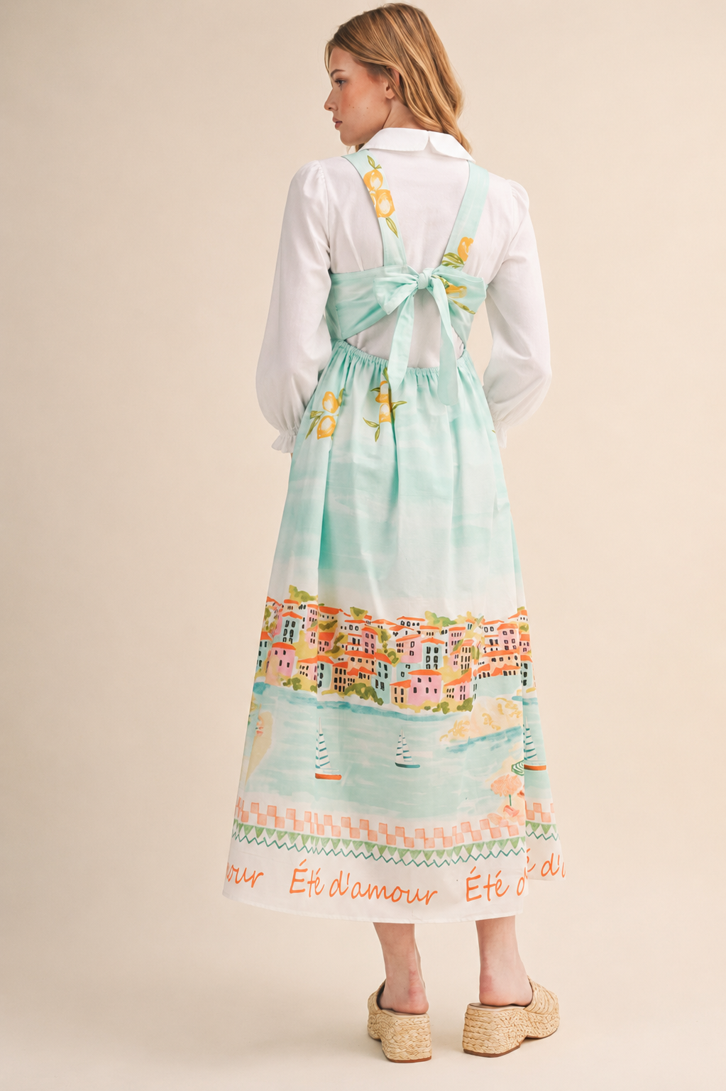 BLUE VACATION LANDSCAPE PRINT BOW TYING MIDI DRESS BLUE