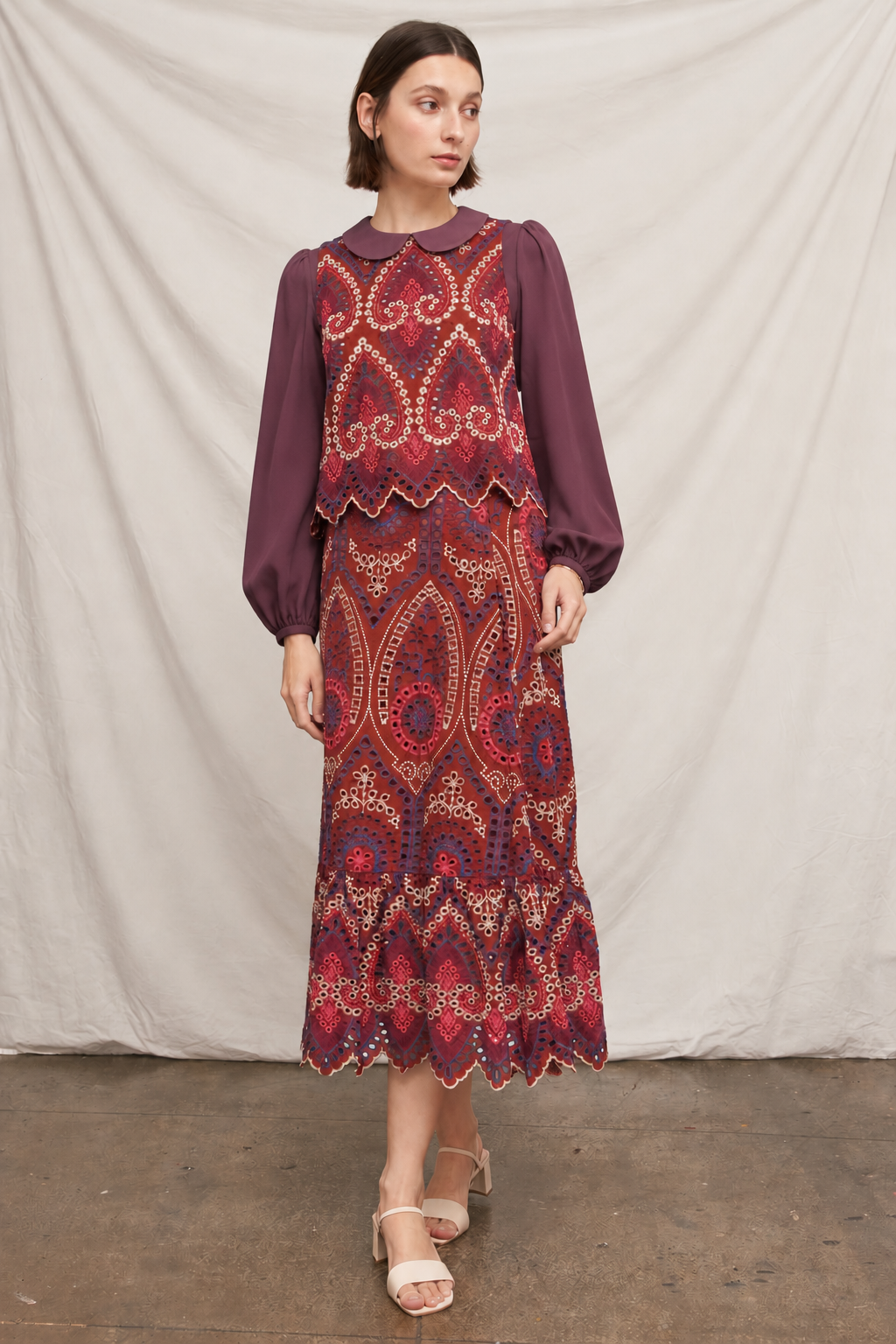 Eyelet Embroidered Blouse and Midi Skirt with Uneven Hem Scallop
