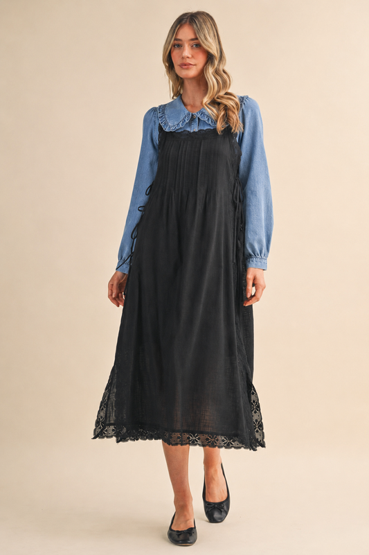 COTTON LACE TRIM SIDE TYING MIDI DRESS BLACK WHITE