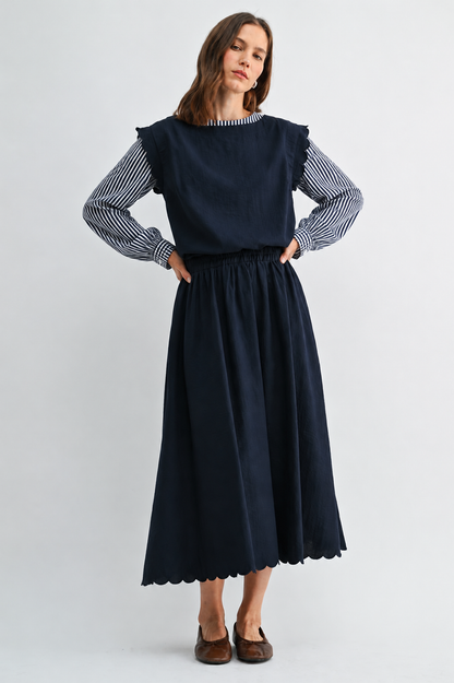 CROPPED SCALLOP SKIRT TOP SET NAVY BLUE