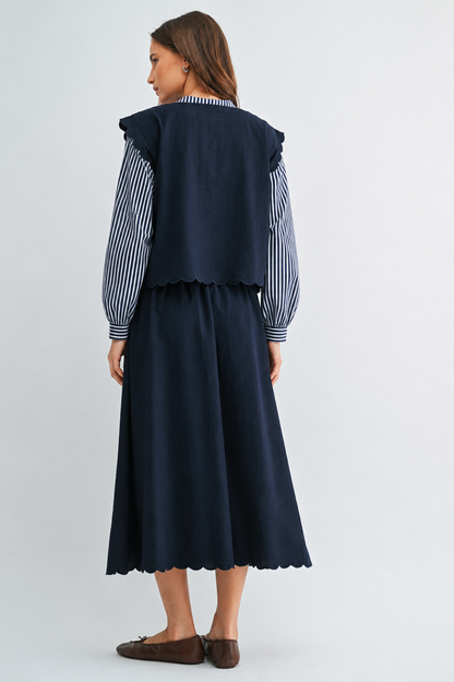 CROPPED SCALLOP SKIRT TOP SET NAVY BLUE