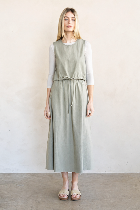 SAGE GREEN ADJUSTABLE TIE HEM CROPPED TANK TOP AND FLARED MIDI SET
