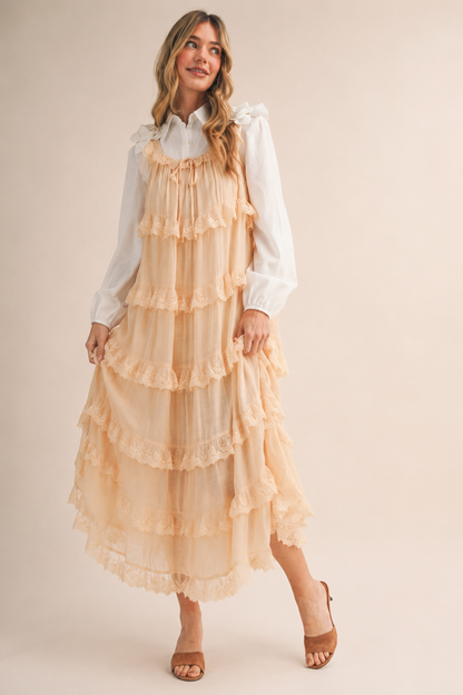 TIERED LACE TRIM FLOWY MAXI DRESS RUFFLE BLACK CREAM
