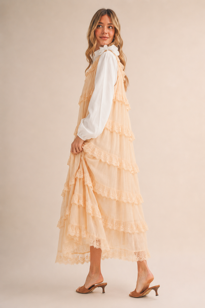 TIERED LACE TRIM FLOWY MAXI DRESS RUFFLE BLACK CREAM