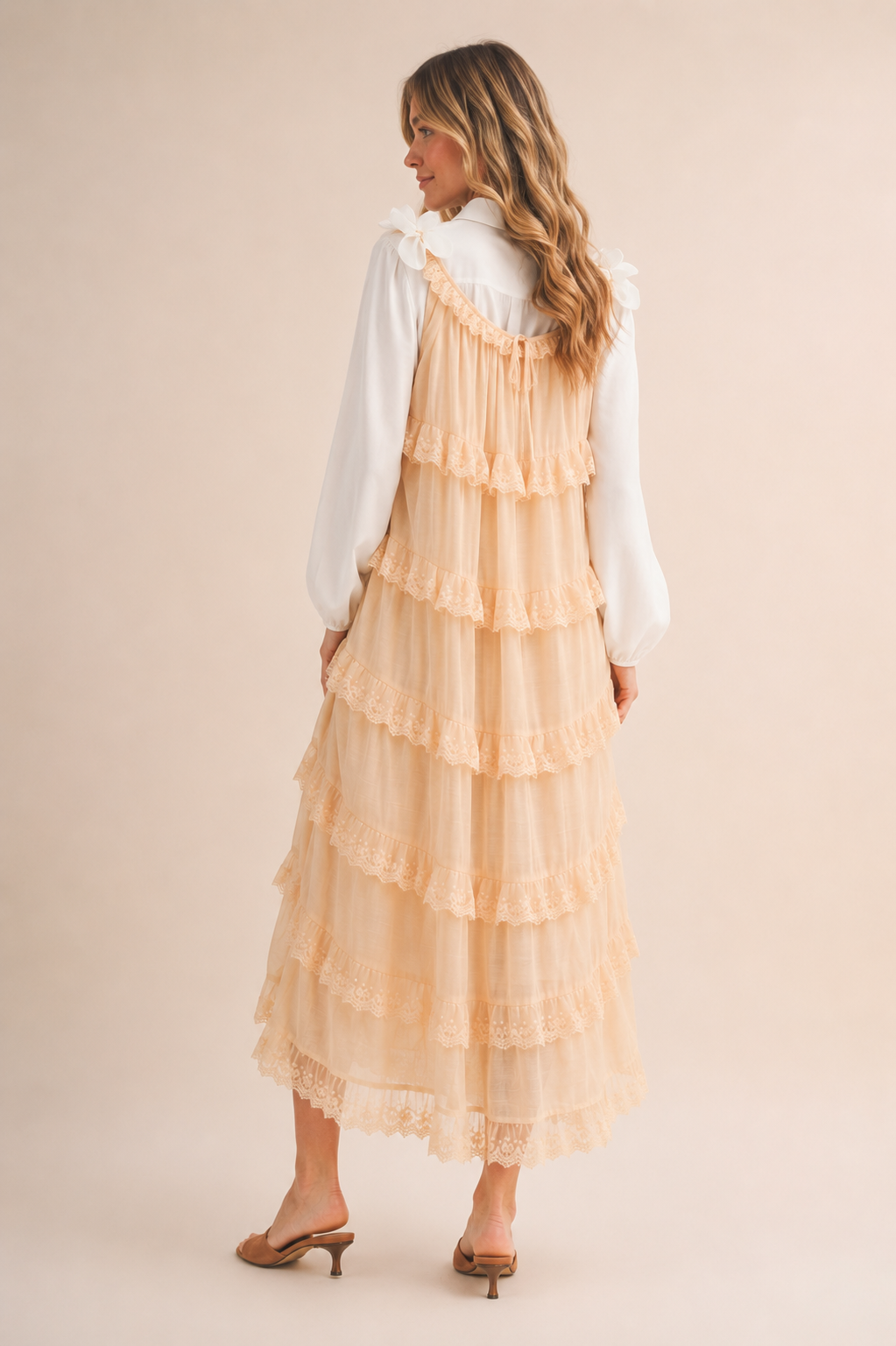 TIERED LACE TRIM FLOWY MAXI DRESS RUFFLE BLACK CREAM