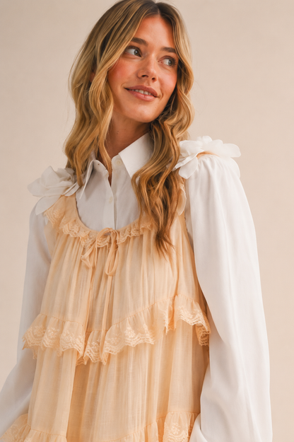 TIERED LACE TRIM FLOWY MAXI DRESS RUFFLE BLACK CREAM