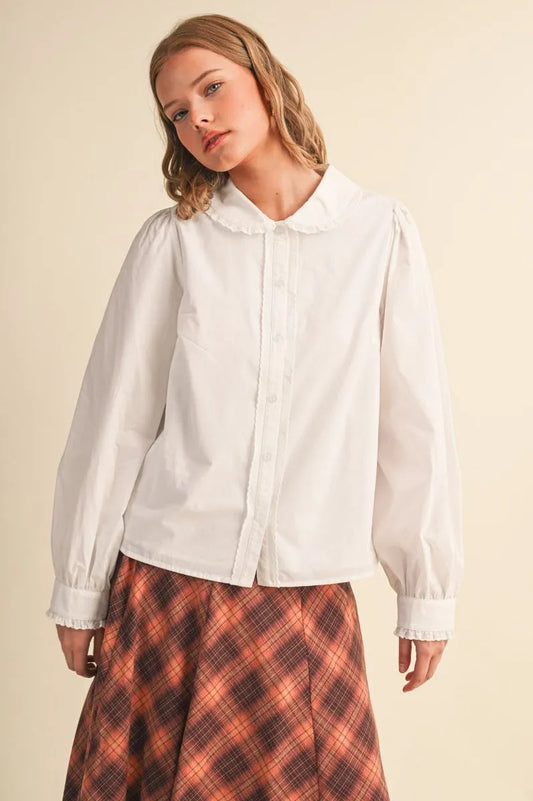 White Ruffle Peter Pan Collar Button Down Blouse