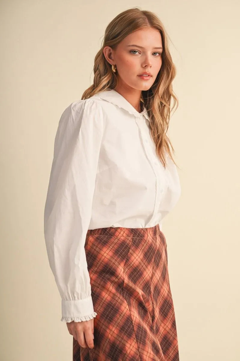 White Ruffle Peter Pan Collar Button Down Blouse